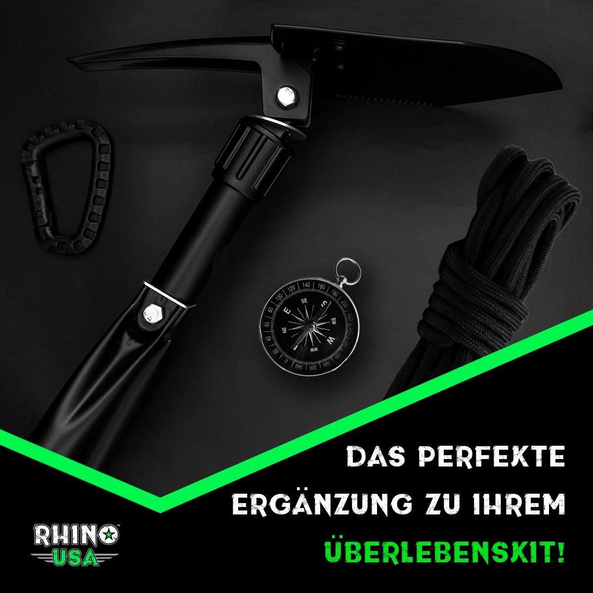 Rhino USA Klappspaten mit Hacke für die Survival Ausrüstung – Klappschaufel aus Karbonstahl für die Outdoor Ausrüstung, Campingausrüstung, als Gartenschaufel, Strandschaufel und Schneeschaufel
