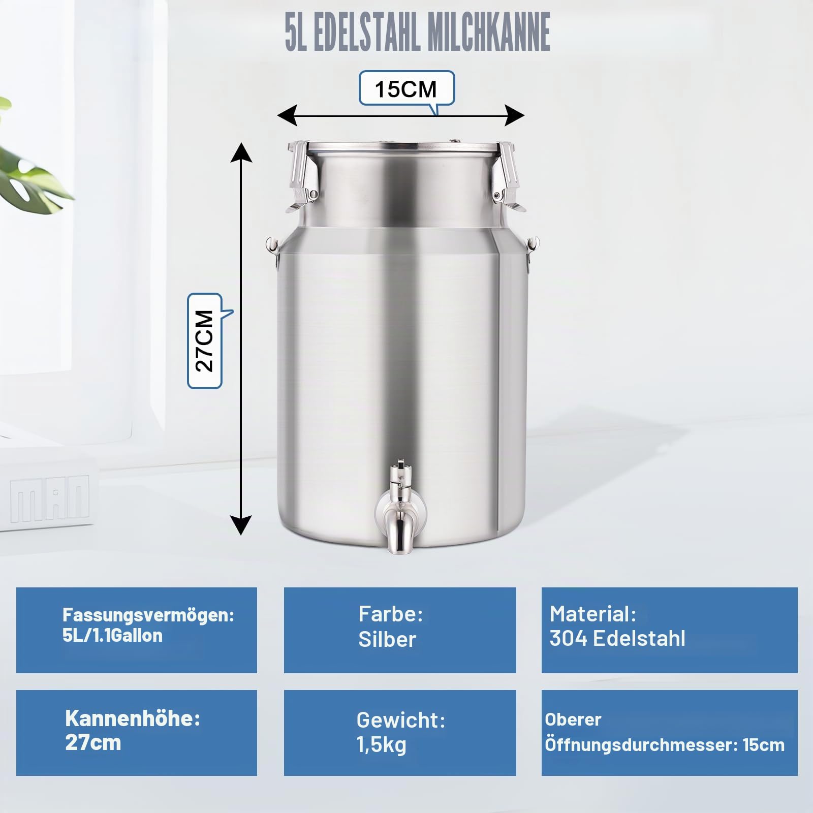 YUCHENGTECH 304 Milchkanne Edelstahl 5L Milchtransportfässer mit Wasserhahn Und Versiegelter Deckel Milchkanne Schwerlast Milcheimer Edelstahl Milchgärfass Getränkespender