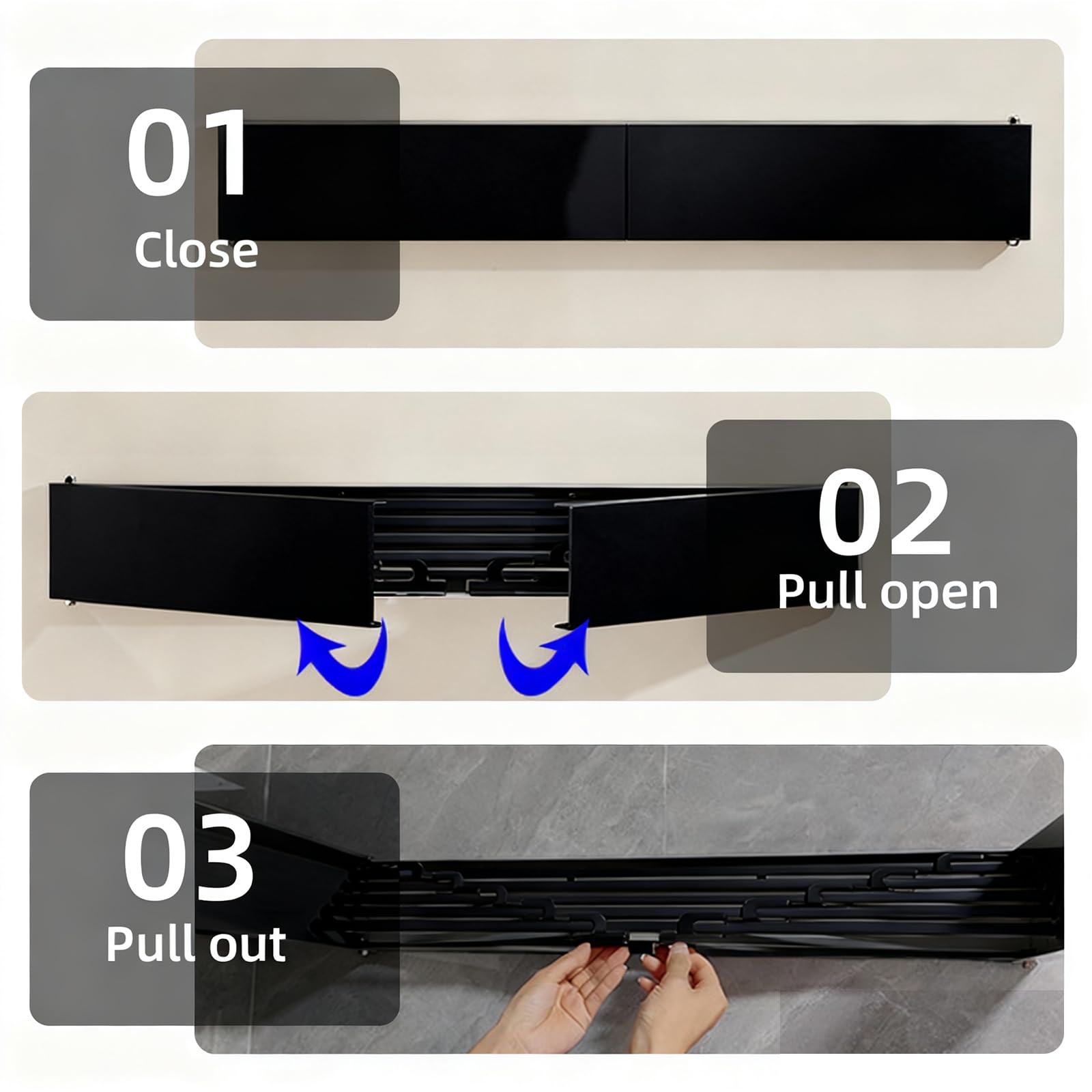 Wäscheständer Wandmontage aus Kohlenstoffstahl & Aluminium, Einfache Wäscheständer Wand, Faltbar Wand Wäschetrockner für Innen & Außen, Wandwäschetrockner Ausziehbar für Balkon (Schwarz mit 4 Haken)