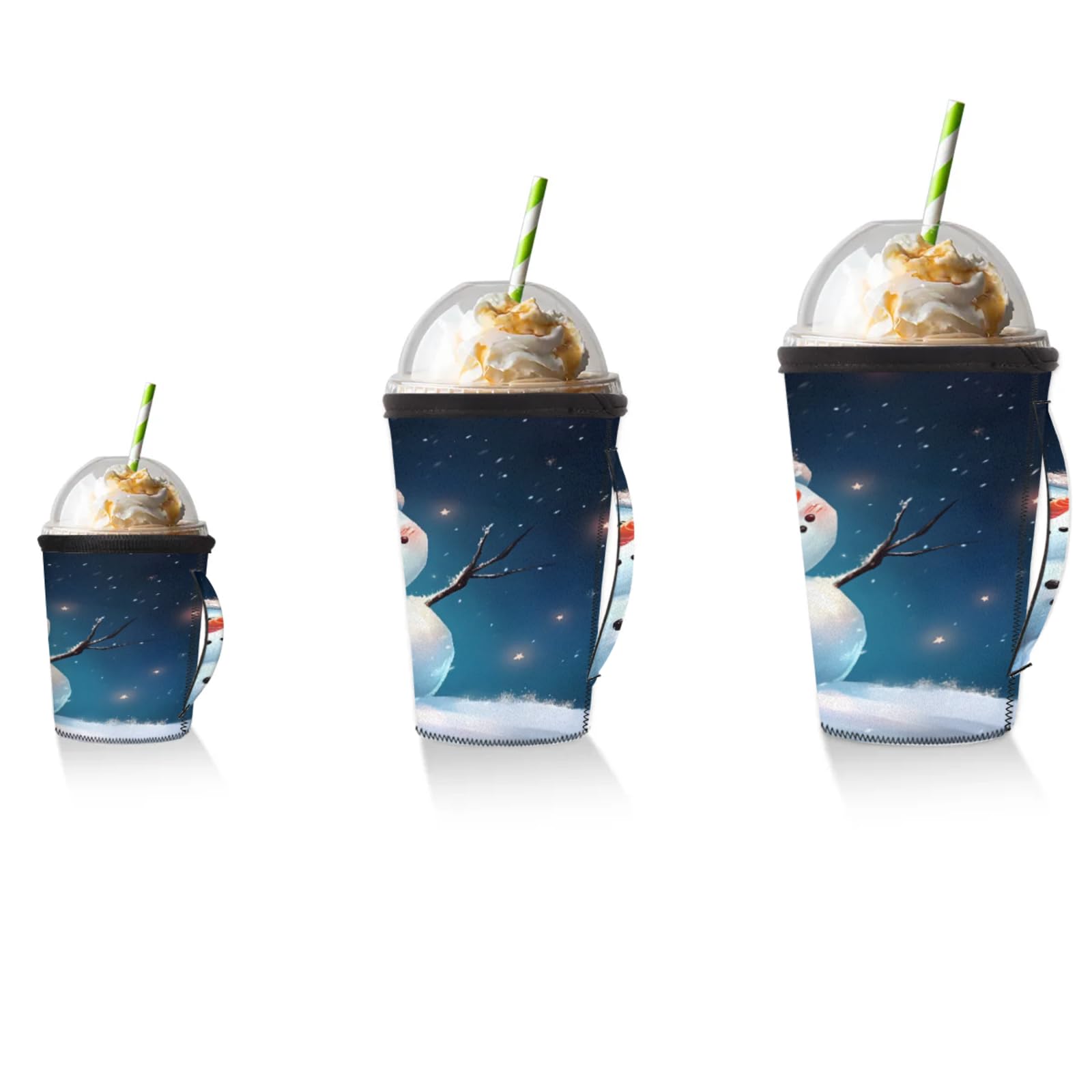 Snowman Night Reusable Neoprene Coffee Sleeve with Handle Insulated Iced Coffee Cup Holder Reduces Condensation Fits 24-28 oz Cups M