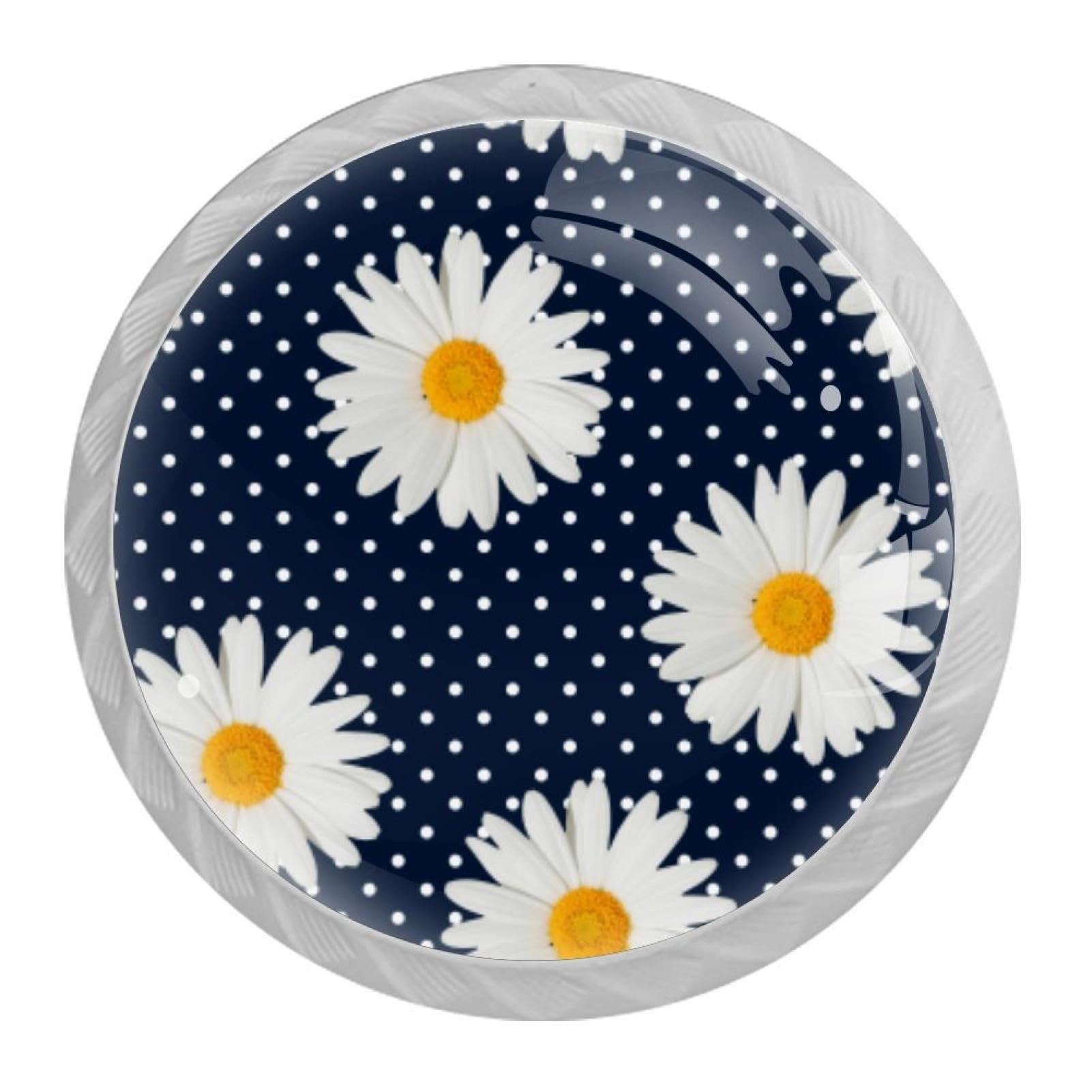 Tqmspg 4 Pieces Drawer Pulls Dots and Daisy Pattern Door Knobs Dresser Handles for Kitchen Wardrobe Cupboard Hardware Furniture