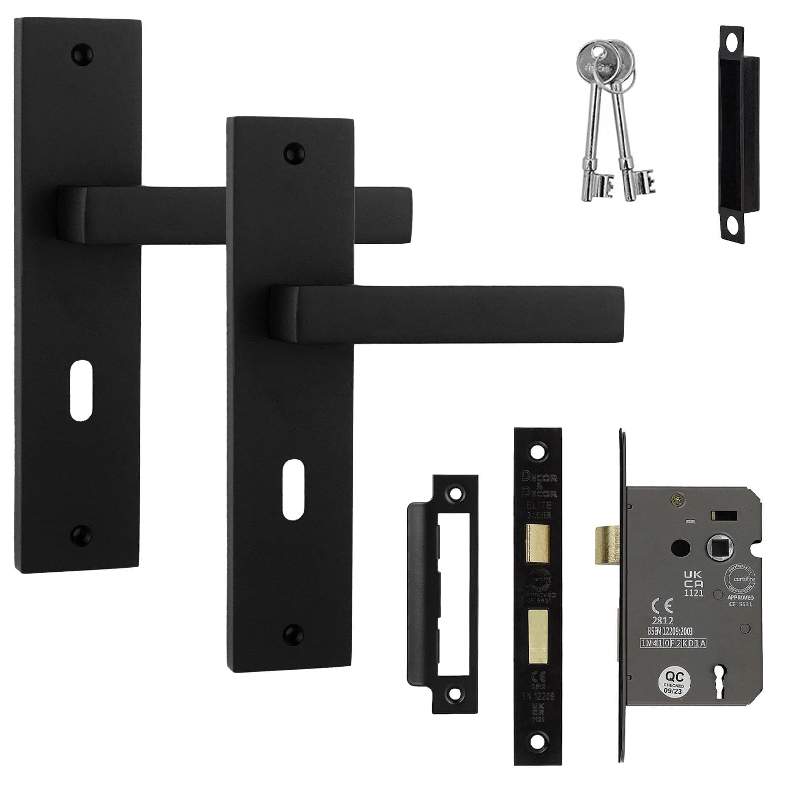 Decoranddecor Lumina Matt Black Keyhole Backplate Door Handles & 2.5in Sash Lock Bundle – Internal Door Handles with Backplate, Contemporary Lever, Art Deco Keyed Lock