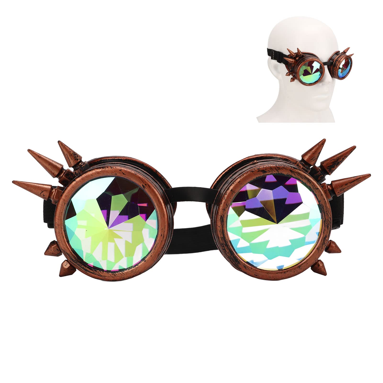 Halloween Kaleidoscope Rave Goggles Rainbow Crystal Lenses Adjustable Trippy Psychedelic Steampunk Goggles (Purple Bronze)