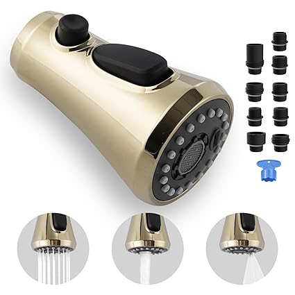 Hygie Rinse Pull Down Faucet Sprayer Head 3 Function Sink Faucet Head Replacement with 9 Adapters Compatible with Moen Delta Kohler Faucet Head, Brushed Brass Gold Finished