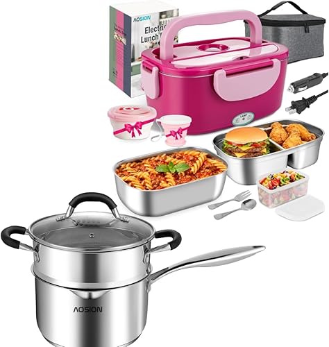 AOSION Electric Heated Lunch Box, 4 IN 1 with 2 Pack 1.5L Container & 3.5 Quart Stainless Steel Saucepan with Steamer Basket