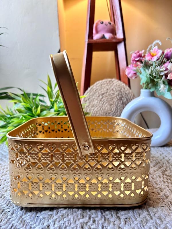 ARS Metal Multipurpose Basket With Handle for Decorative Marriage Gift Hamper, Flower, Pooja & Shelf Baskets, Golden (Squar Shape, 8.5 Inch)
