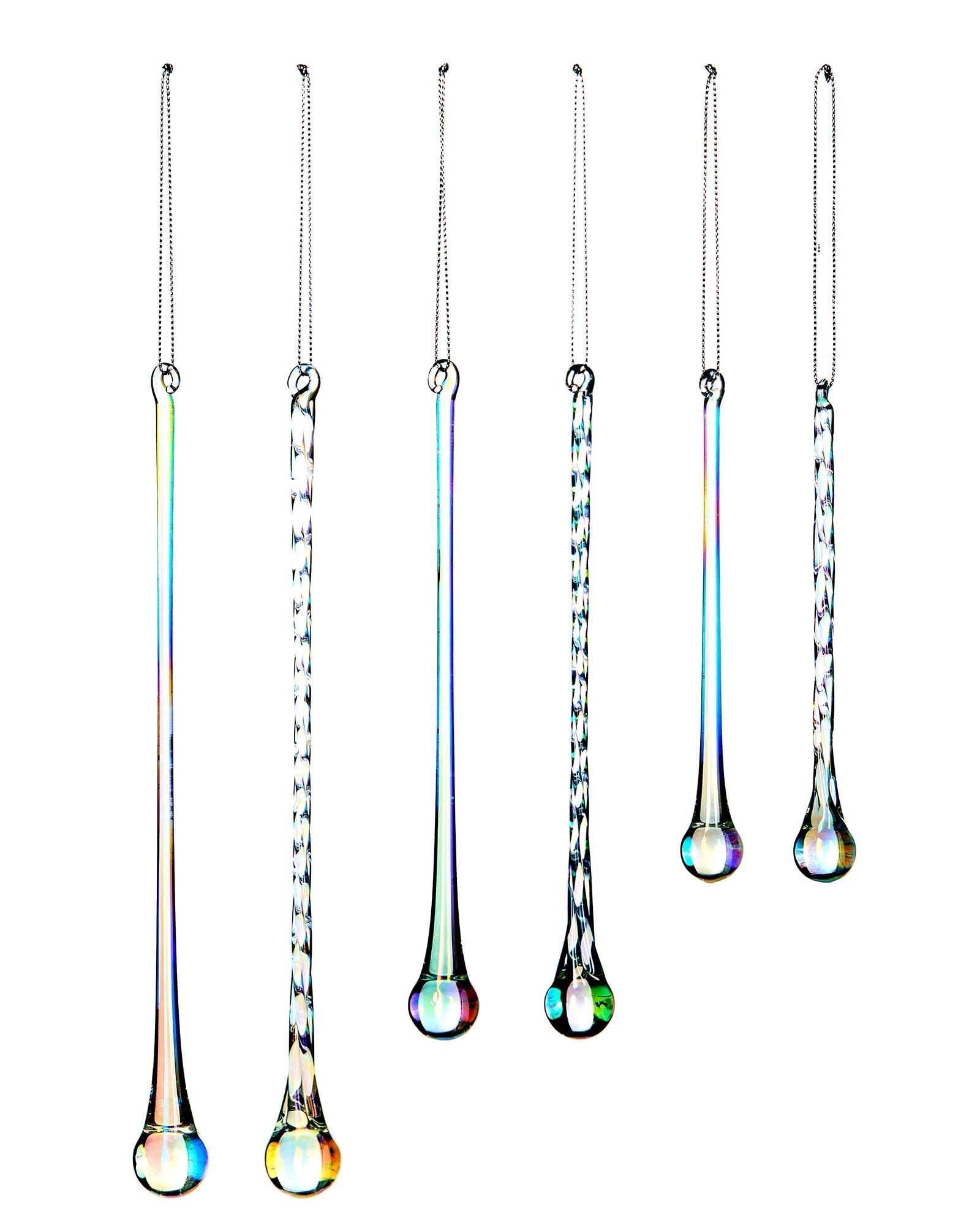 Iridescent Teardrop Glass Icicles – Set of 6 Christmas Tree Decorations, 15–25 cm – Spiral & Smooth Designs
