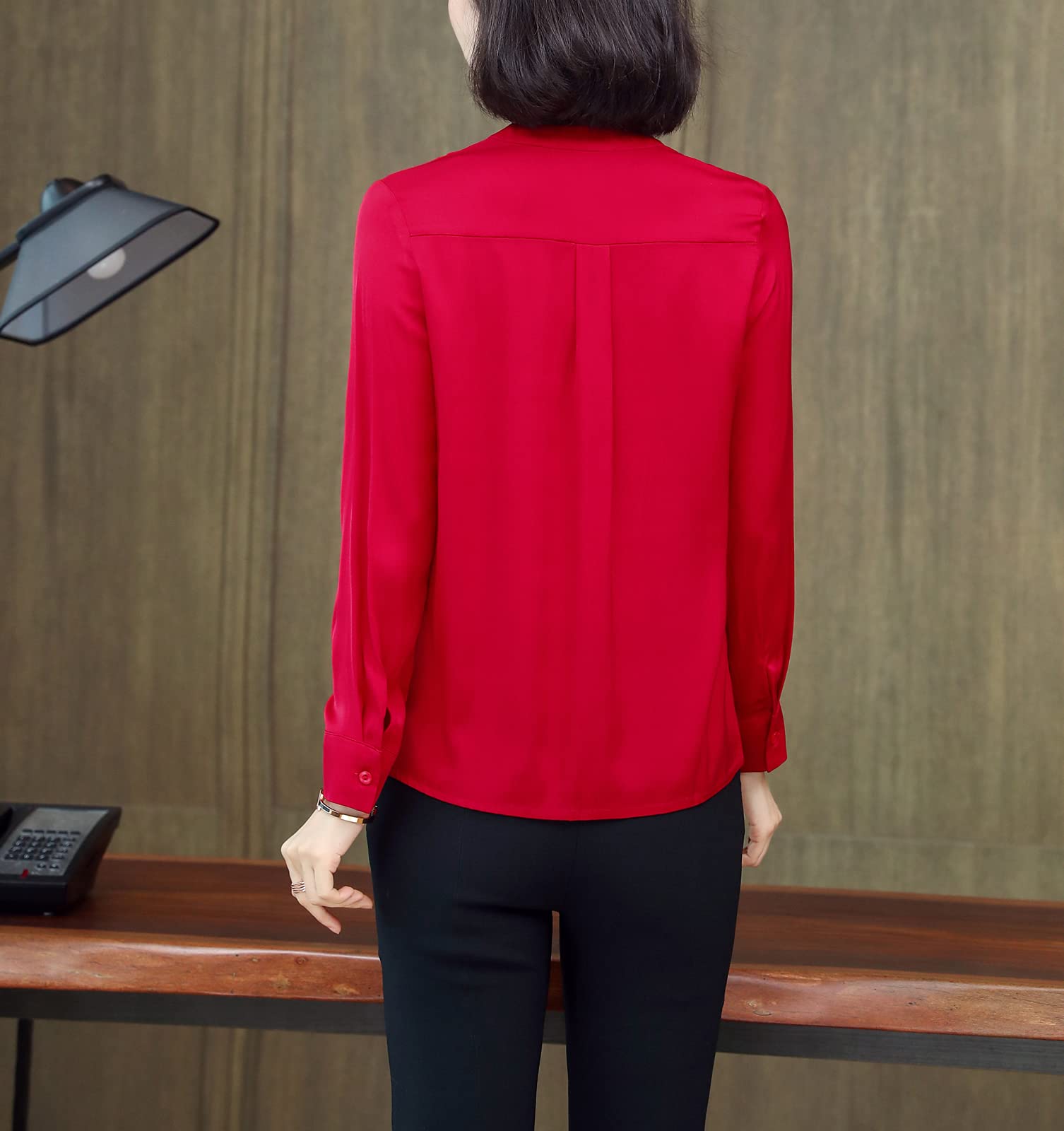Valin Blusa de seda para mujer Camisa Sólido Botón Abajo Camisas Blusa de Manga Larga Cuello en V Blusa de Seda,S3366