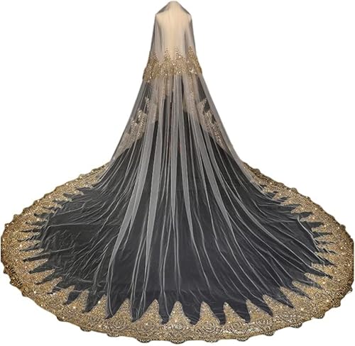 OIDESA Voile de mariée en Dentelle dorée, Voile de mariée Deux Couches 3M Long avec Peigne