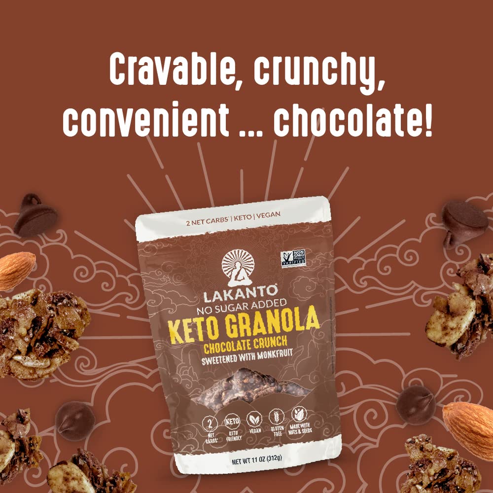 Lakanto Chocolate Crunch Granola - Delicious Snack, Quick Breakfast Cereal, Keto Friendly, Monk Fruit Sweetener, No Sugar Added, Vegan, Gluten Free, Grain Free, 2g Net Carbs (11oz)