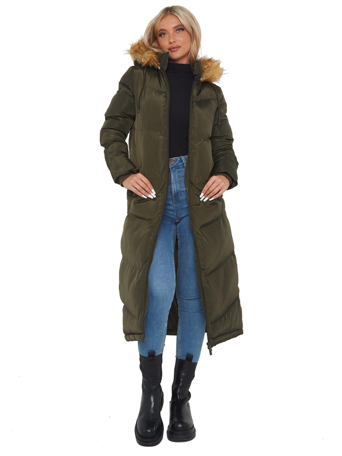 SS7 Womens Parka Coat Padded Showerproof Hood Maxi Jacket Khaki