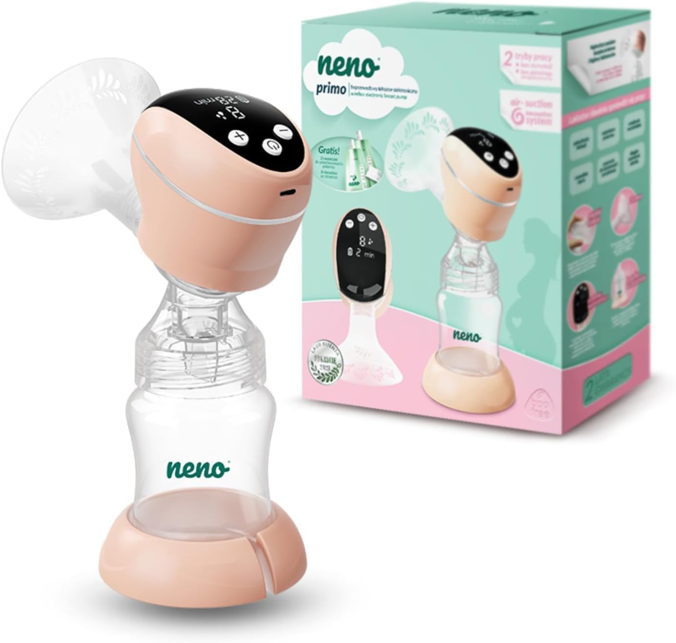 Neno Primo Tire-Lait Électrique Sans Fil Double Phase, 2 Modes et 14 Niveaux, Technologie AIR SUCTION, Téterelle en Silicone, Rechargeable, Complet avec Biberon et Sachets de Conservation du Lait