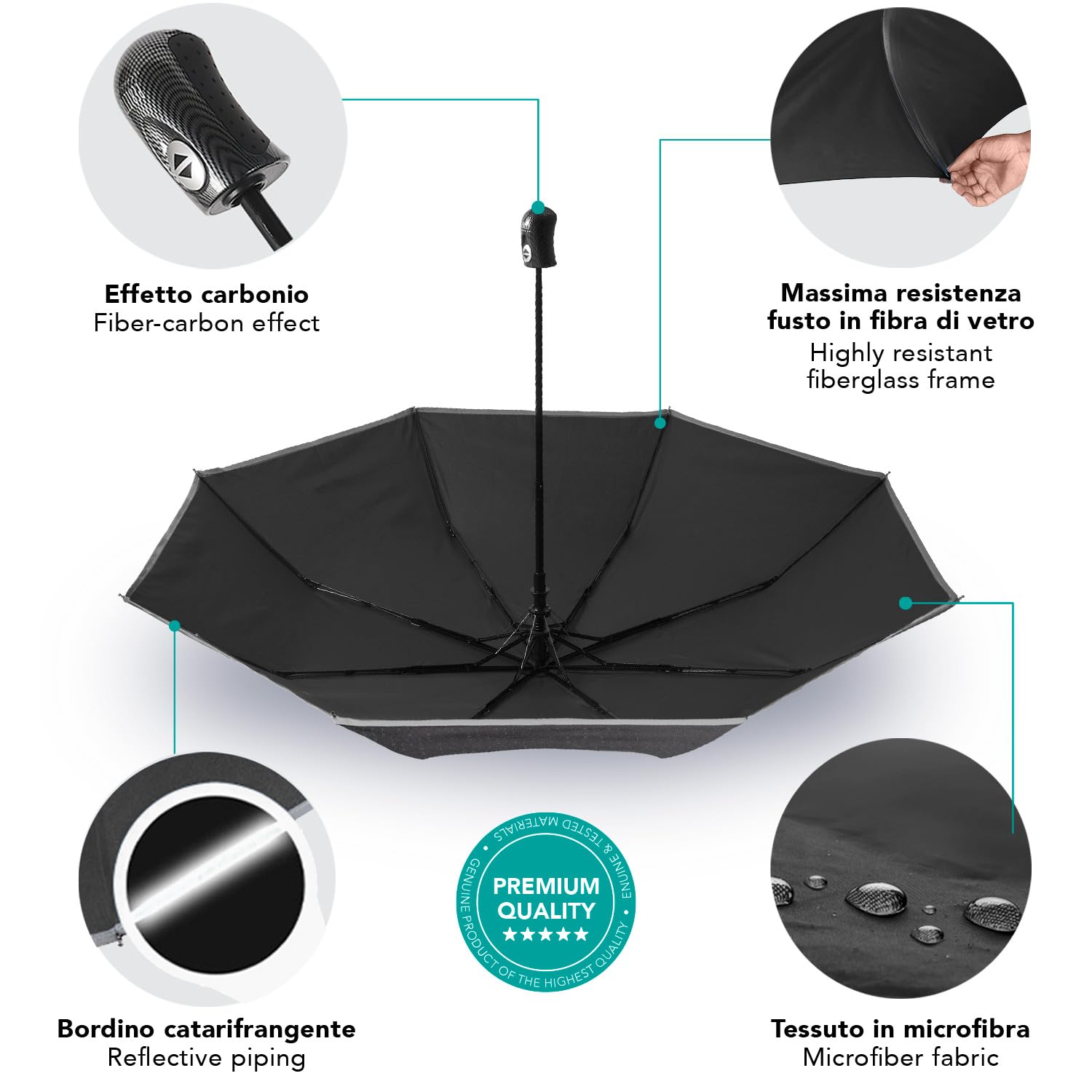 PERLETTI Ombrello Uomo Pieghevole Apri Chiudi Automatico - Tessuto Microfibra con Bordino Riflettente di Sicurezza - Ombrello Antivento Resistente - Manico Finitura Carbonio Sportivo