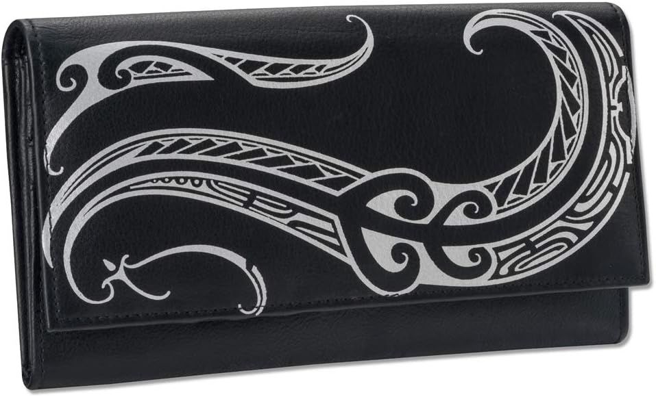NA KOA Polynesian Tattoo Women's Leather Clutch Wallet Model "Ahona" Tattoo art by Kuaika Quenga (Black) from