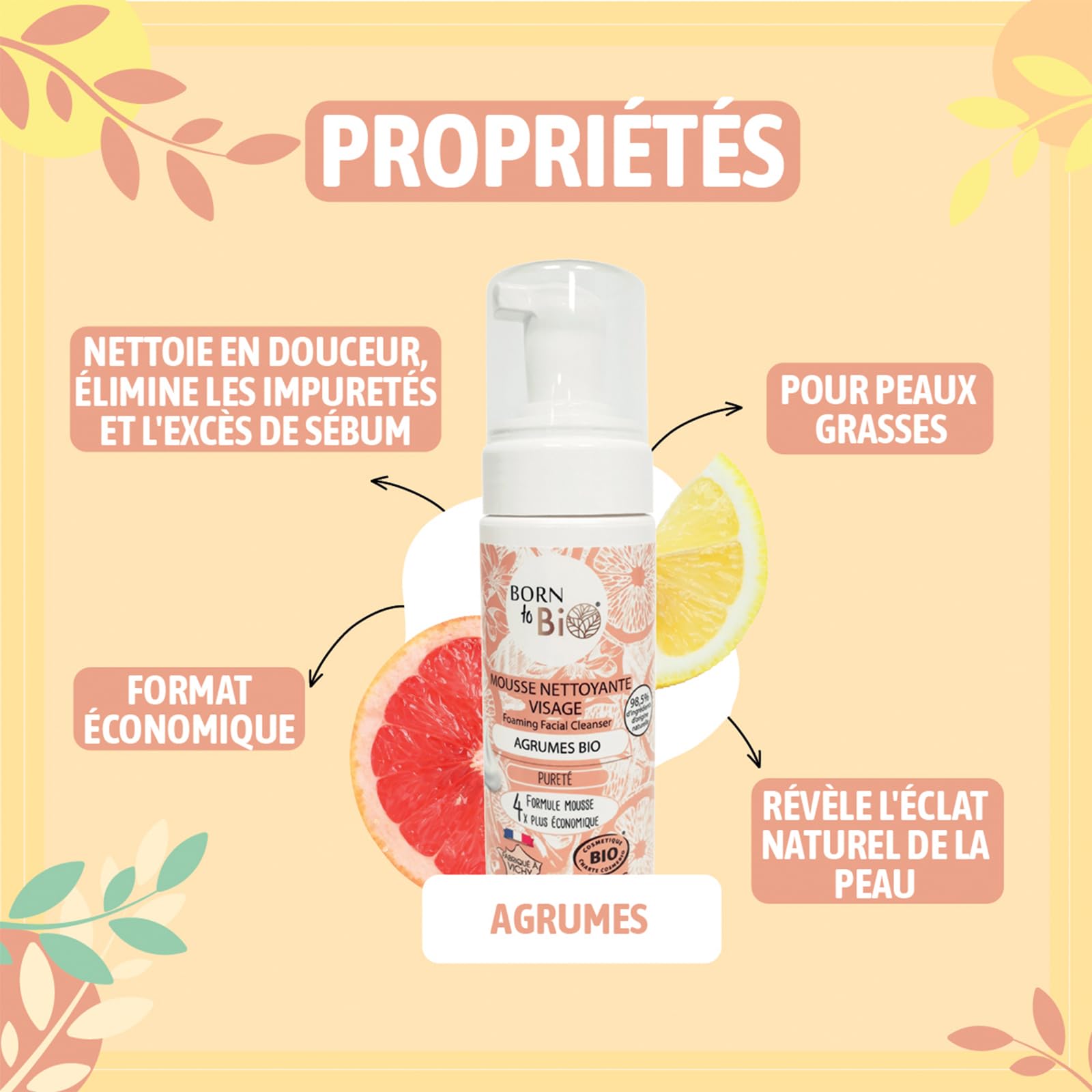 BORN TO BIO Mousse Nettoyante Visage Bio pour Peaux Grasses: Pureté - Lot de 2 x 150ml: Agrumes - Nettoyage Doux et Efficace - Texture Ultra Légère - Certifiée Bio