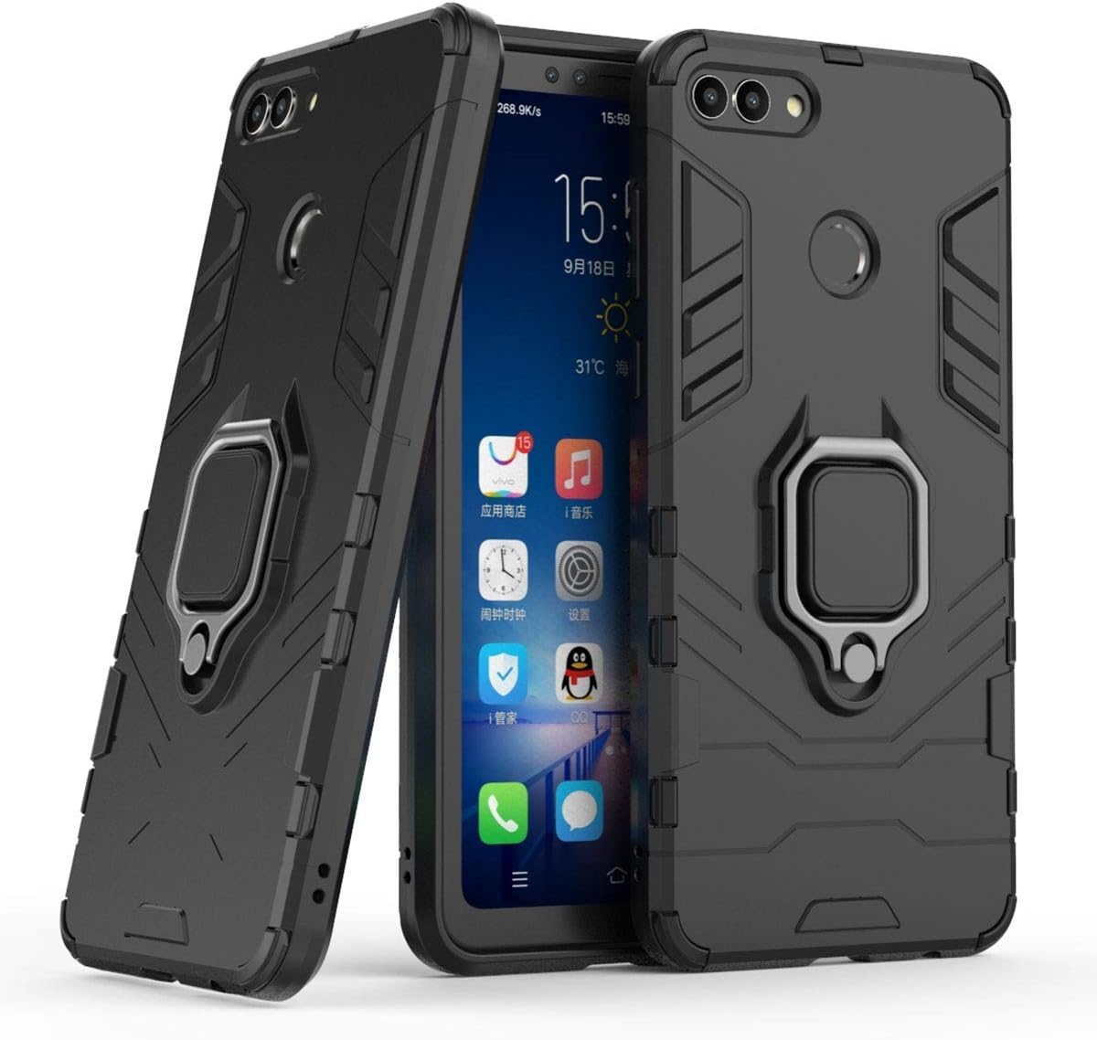 LuluMain Compatible with Huawei Y9 (2018), Enjoy 8 Plus Case, Metal Ring Grip Kickstand Shockproof Hard Bumper (Works with Magnetic Car Mount) Dual Layer Rugged Cover (Black)