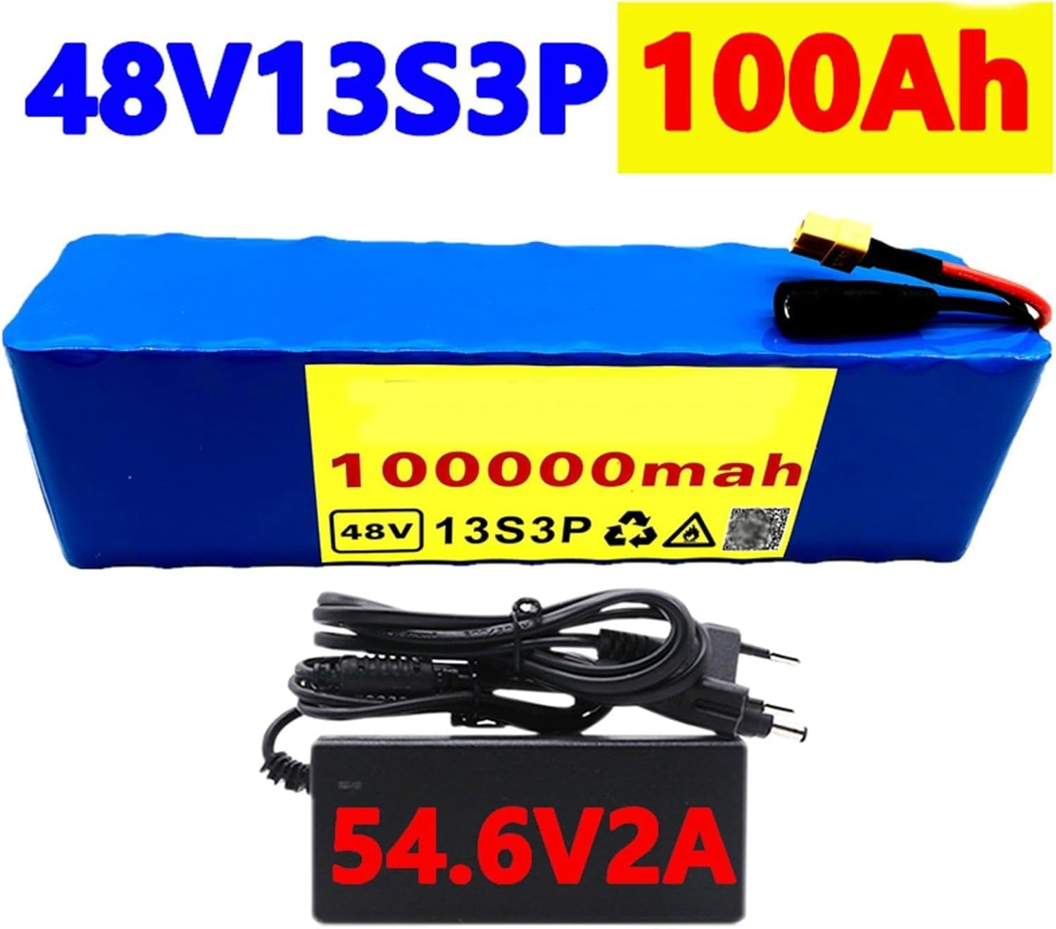 Batteria per Bicicletta elettrica 48V 100Ah Batteria al Litio 13S3P Batteria Ricaricabile agli ioni di Litio 48 Volt Batteria per Bici elettrica Monopattino Elettrico T