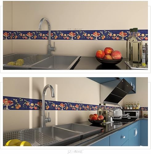 Miniatura 2 de 701 - Papel tapiz de frutas para despegar y pegar, borde de pared de hojas florales en relieve 3D, 4.2 pulgadas x 16.4 pies, color azul, moldeado