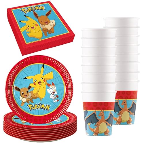 Procos - Decoración de cumpleaños Pokémon, 52 piezas, platos de cartón, vasos y servilletas para cumpleaños infantiles, vajilla de fiesta Procos - Decoración de cumpleaños Pokémon, 52 piezas, platos de cartón, vasos y servilletas para cumpleaños infantiles, vajilla de fiesta