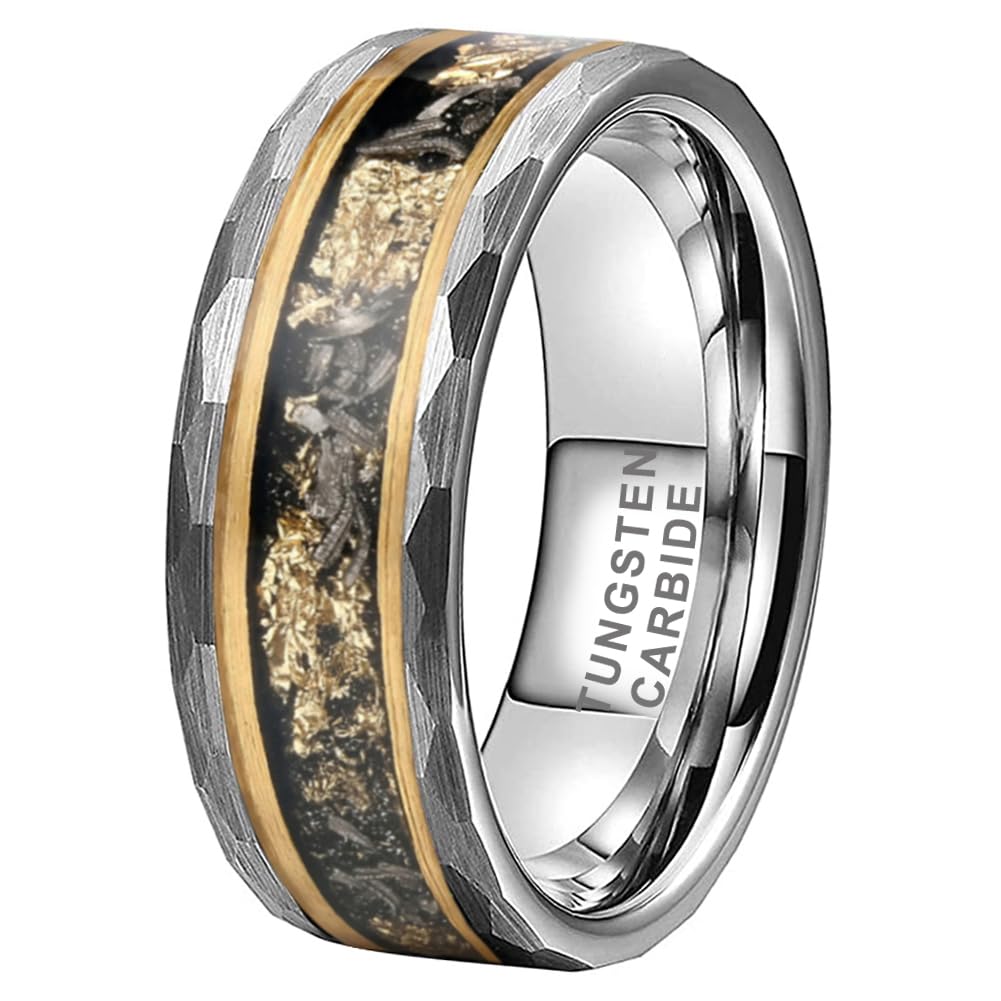 TUTISS 8mm Silver/Black Hammered Tungsten Rings for Men Women Engagement Wedding Bands Genuine Meteorite Shavings Gold Foil Inlay Matte Finish Comfort
