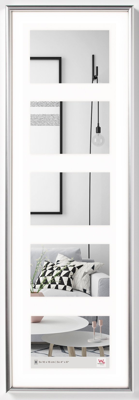 walther design Bilderrahmen silber 5X 10x15 cm Galerie mit Passepartout, Galeria Kunststoffrahmen KS515H
