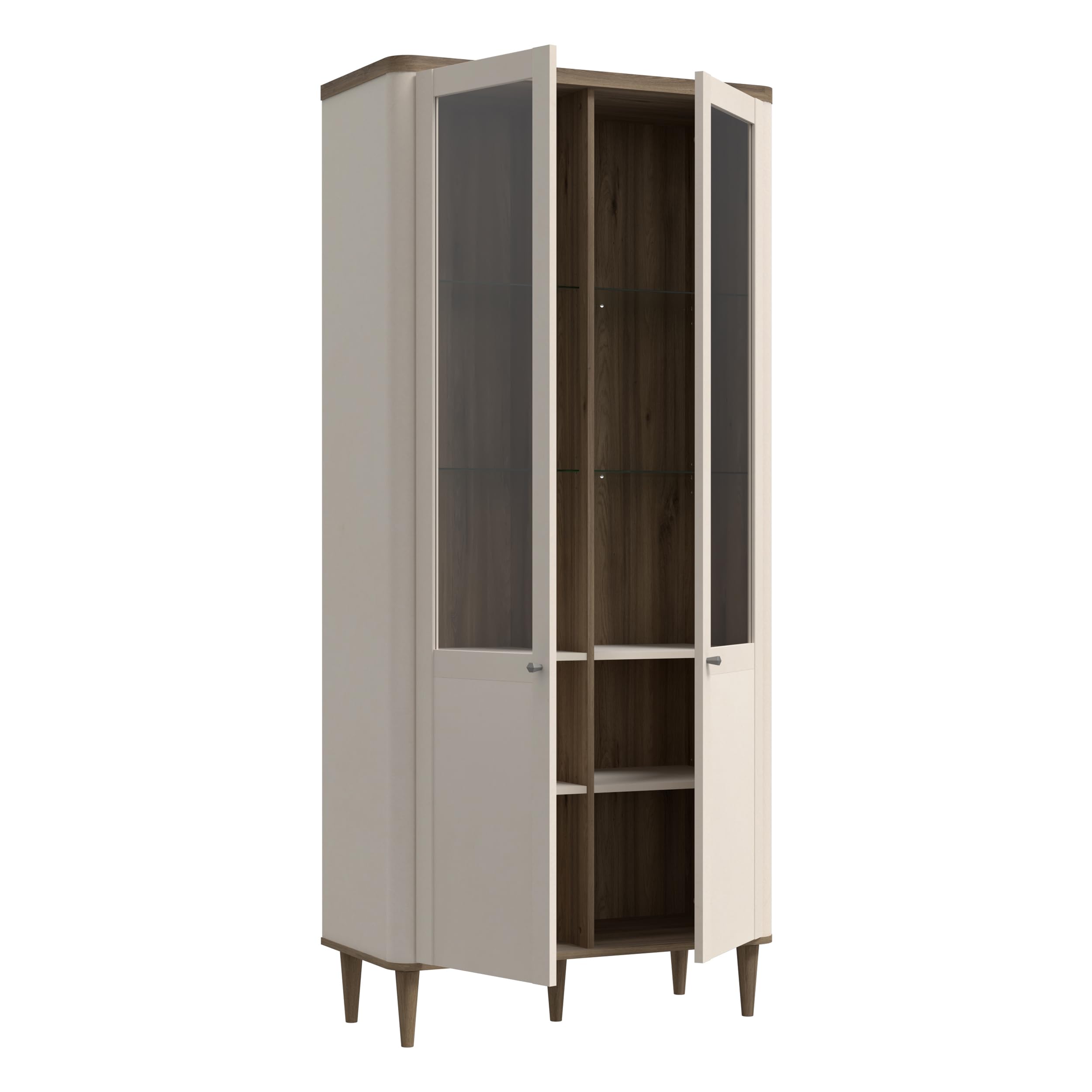 Forte LACETTI Vitrine 90, Moderne Wohnzimmervitrine mit Skandi Lamellen Design, 2-türig, Holzwerkstoff, Kaschmir | Beige mit Valencia Eiche Holzdekor, 90,1 cm breit x 200,5 cm hoch x 41,2 cm tief