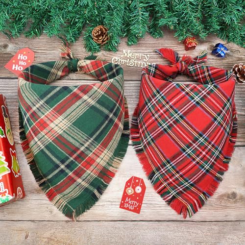 Vivifying Dog Christmas Bandana with Tassels Edges, 2 Pack Classic Plaid Triangle Pet Apparel &amp; Accessories, Funny Holiday Dog Scarf Costume for Photo Prop, and Party Decor (X-Large, Red&amp;Green)