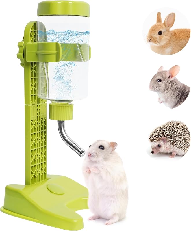 Bebedouro com Garrafa de Água para Pequenos Animais Vannon com Suporte, Altura Ajustável, Verde, 385 mL