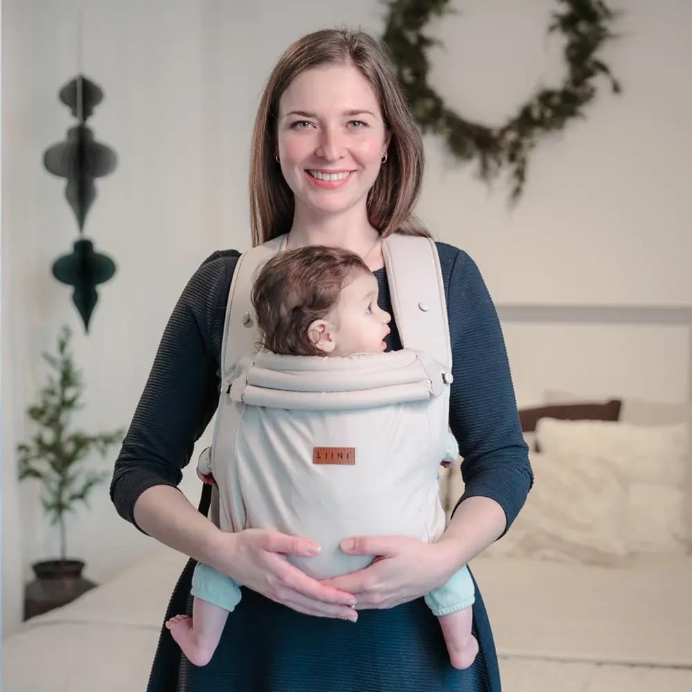LIINI® Babytrage aus Baumwolle (Graubeige) – ab Geburt 3,5 kg bis 15 kg, ergonomisch & verstellbar, Kopfstütze, Klickverschluss – CE EN71-3 & SGS EN13209-2