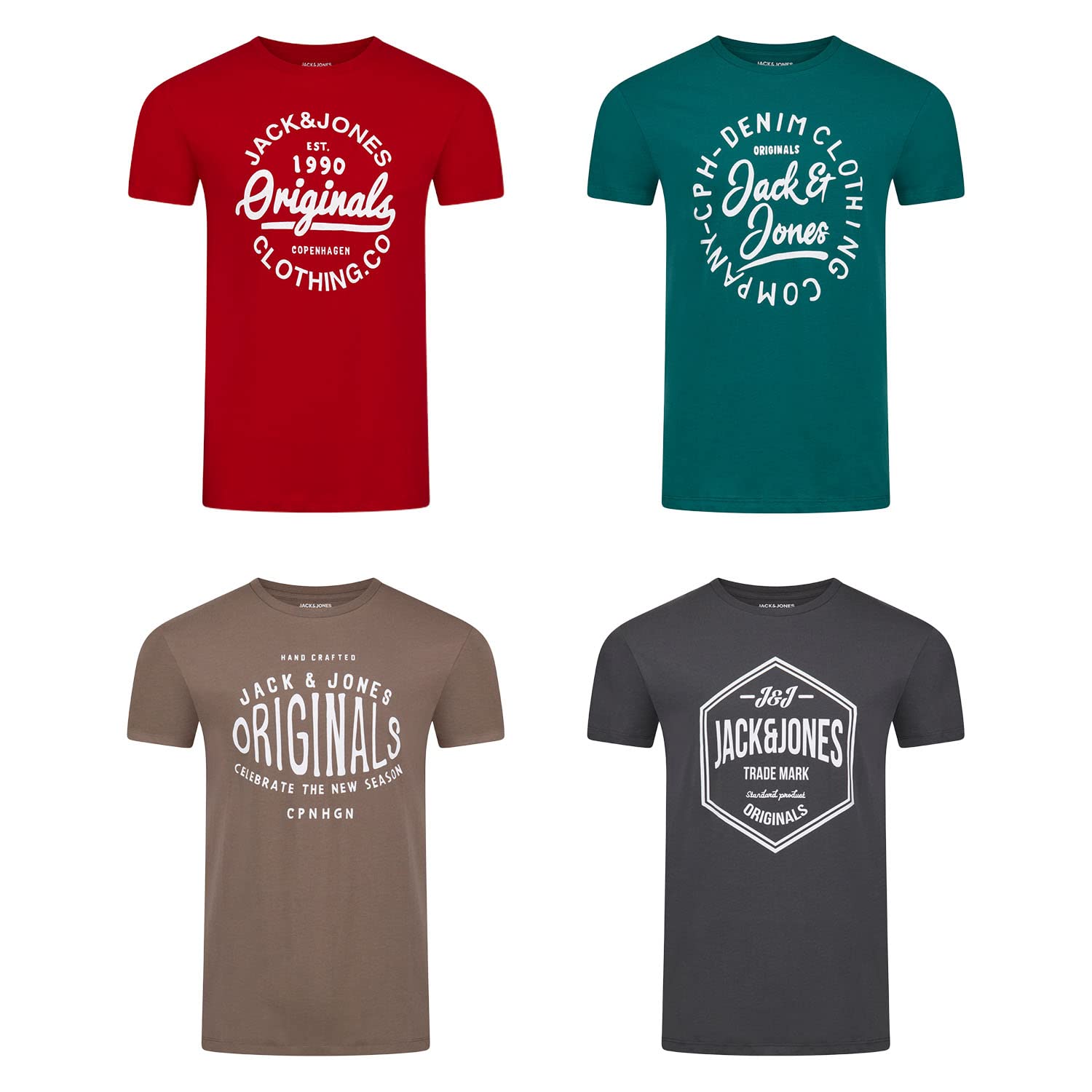 Jack & Jones JJLINO Camiseta, Paquete de 4 Unidades, Cuello Redondo, Manga Corta, Corte Regular, Estampado de Verano, 100% algodón
