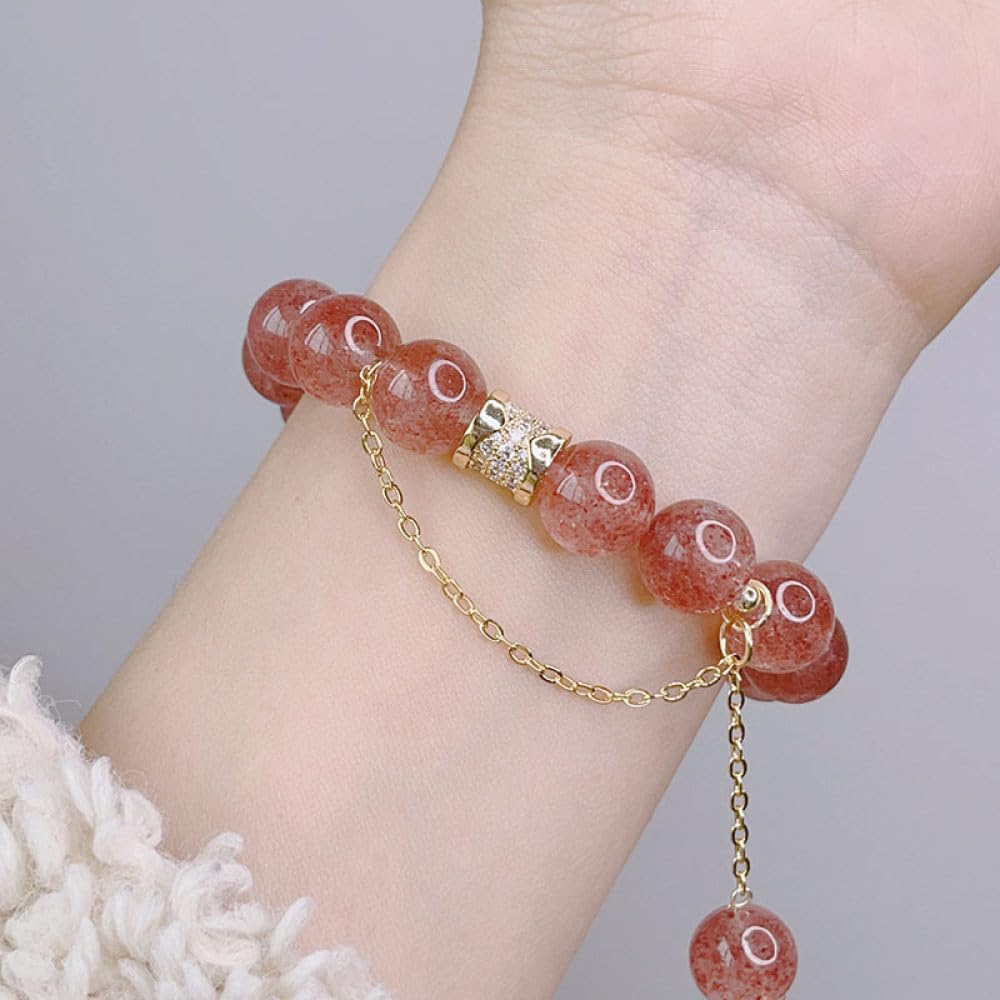 Bracciale Perle,Braccialetti Di Perline Perline Di Cristallo Fragola Naturale Braccialetti Con Ciondolo A Cilindro In Zircone Dorato Con Bracciale In Cristallo Elastico Gioielli In Cristallo Reiki P