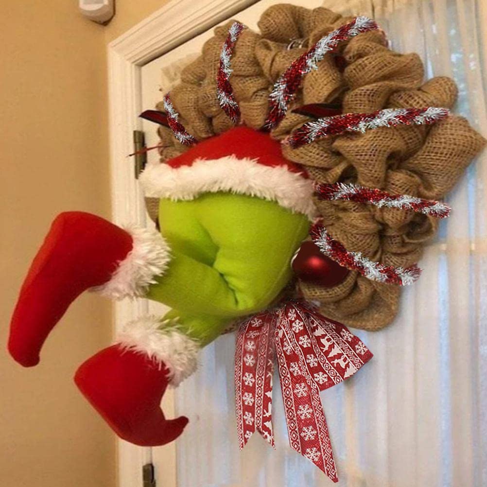Coronas de Navidad para puerta delantera, corona de felpa de Navidad Grinch, patas de felpa de arpillera de ladrón de Navidad, patas de peluche para decoraciones de Navidad