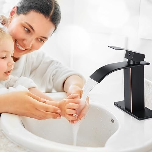 Miniatura 2 de Qomolangma Grifo de baño en cascada, grifo de baño moderno de bronce aceitado de una sola manija para 1 o 3 agujeros, grifo mezclador de lavabo con