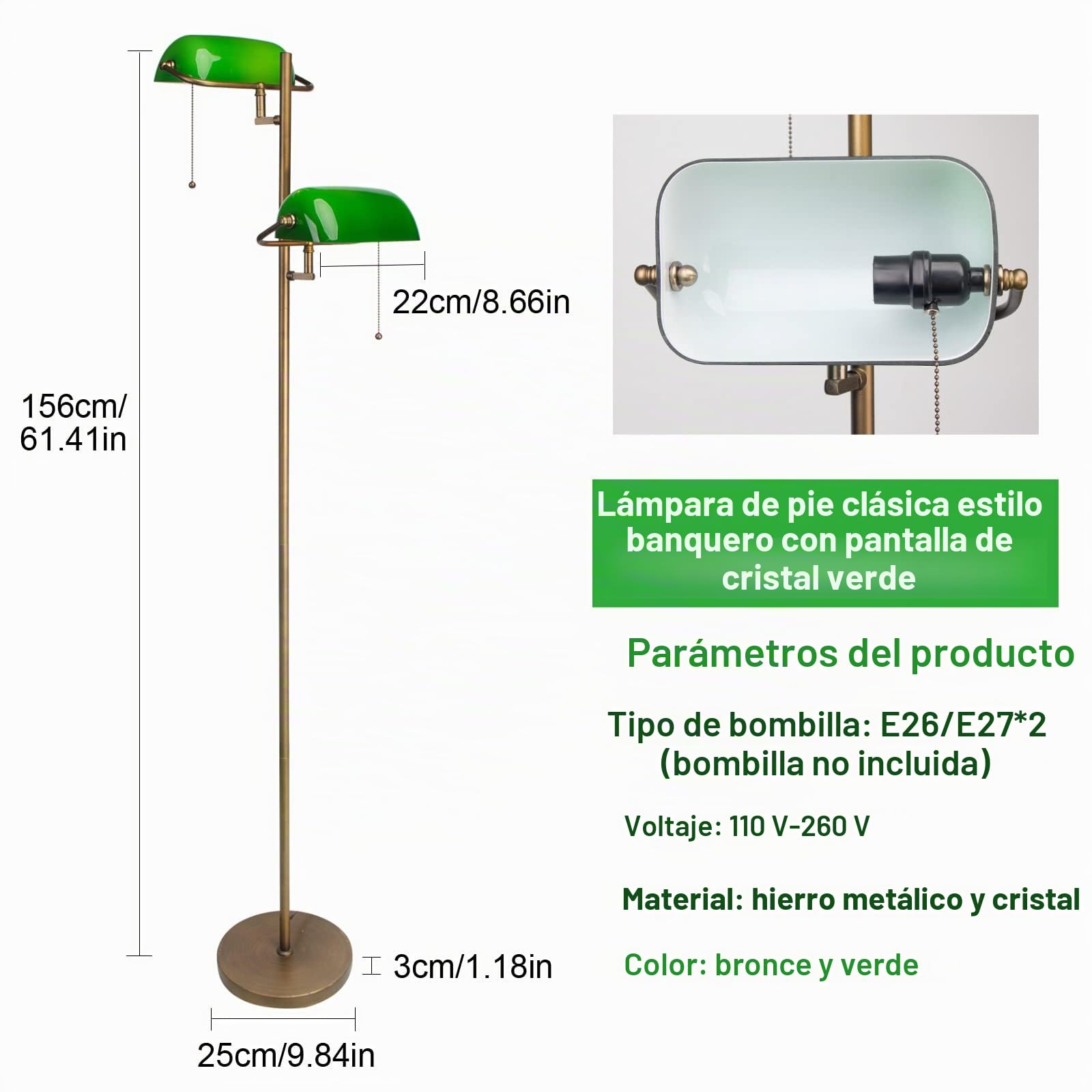 FIRVRE Lámpara de Pie de Vidrio Verde Banqueros Lámpara de pie con interruptor de Cadena y Brazo Oscilante de Metal Lámpara de Lectura Para Salón Habitación Oficina Estudio