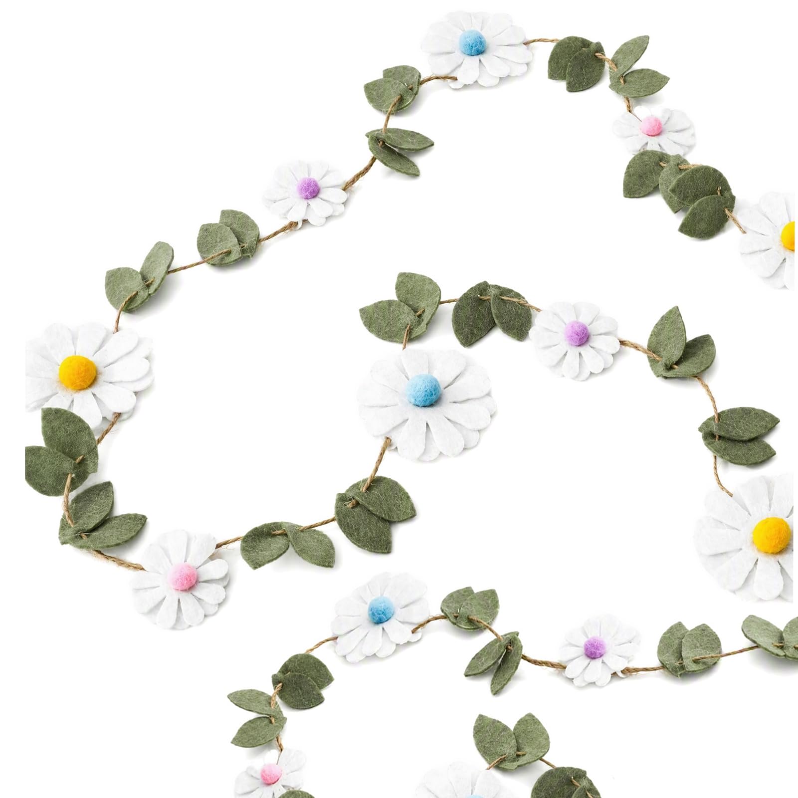 Wool Felt Daisy Garland Floral Bunting with Green Leaves, Reusable Spring Summer Flower Decorations for Girls Bedroom Wall Decor, Wedding Birthday Party Photo Props