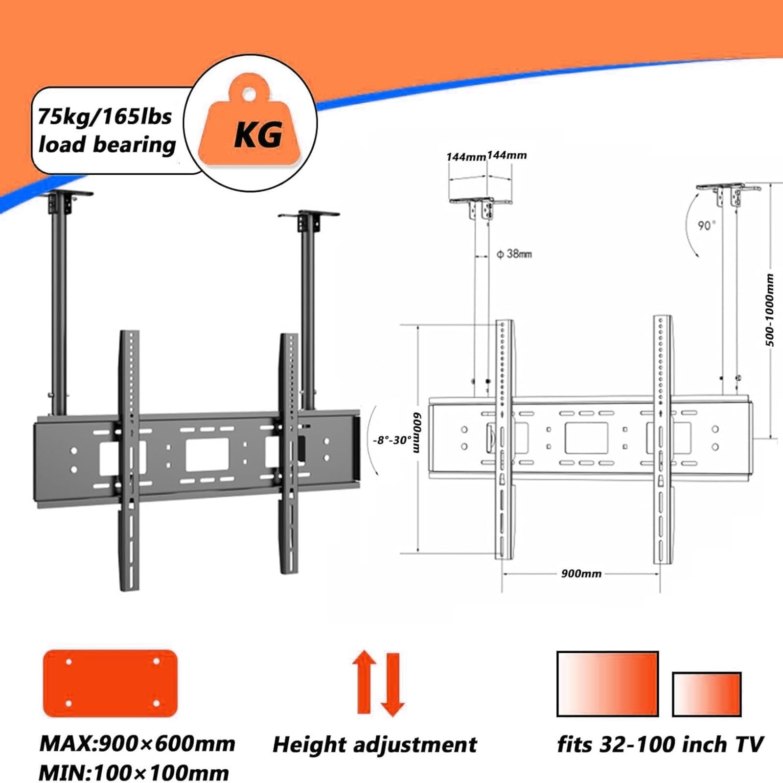 Soporte De Pared para TV - Soporte De Techo Ajustable para Televisor, Soporte De Doble Poste para Pantallas LED Grandes Y Televisores De 32 A 100 Pulgadas, Altura Ajustable