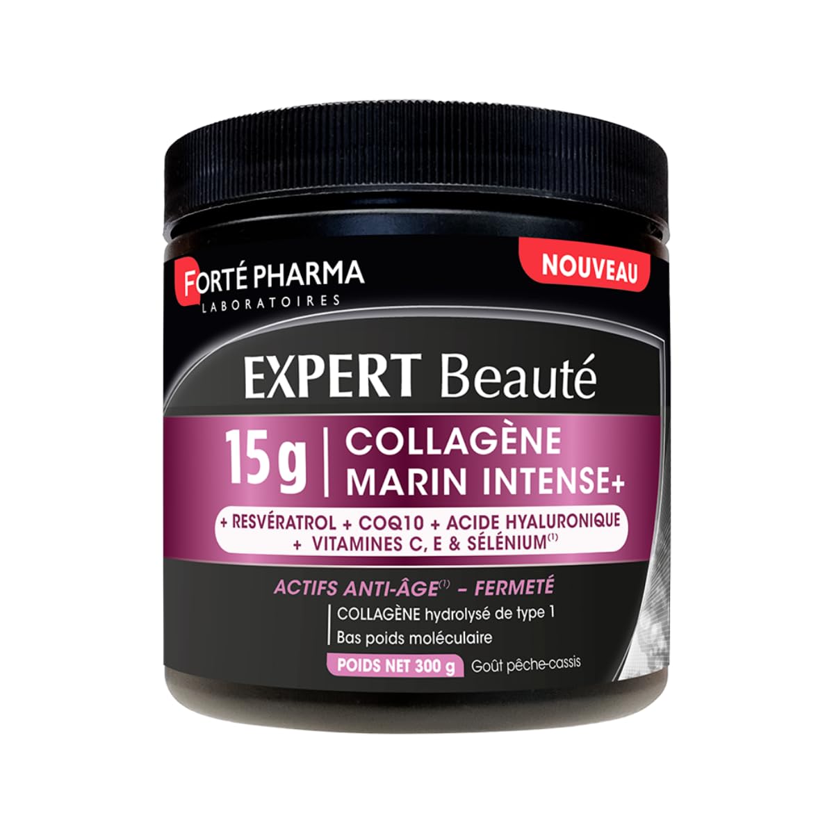 Forté Pharma Complément beauté Expert Collagène Marin Intense Anti Âge 300g | Raffermit la peau, Collagène marin 15 g, Acide hyaluronique, CoQ10, Resvératrol, améliore l'élasticité et l'éclat, 20 jours