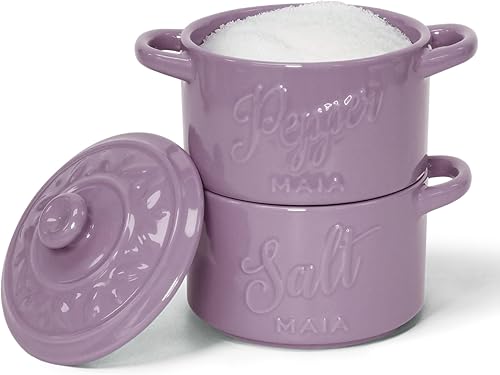 MAIA Recipiente apilable de cerámica para sal y pimienta, recipiente de sal de 9 onzas, tarros de especias con etiqueta, recipiente de sal morada