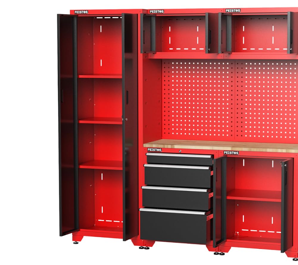 Werkstatteinrichtung | Werkzeugschrank Juno 14 | inkl. Lochwand | Schwarz/Rot | 264x46x198 cm