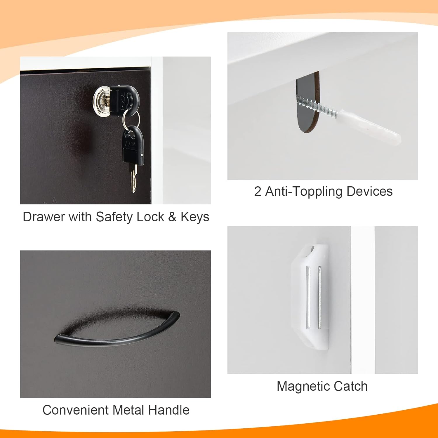 Крупны план file cabinet features including lockable drawer, anti-toppling devices, metal handle, and magnetic catch.