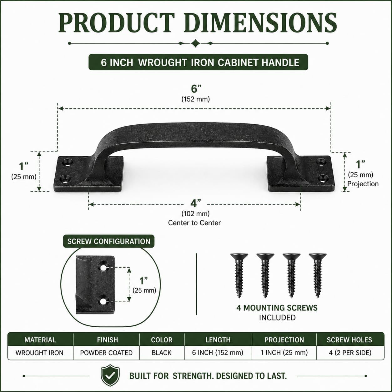Renovators Supply Manufacturing Classic Black Wrought Iron Cabinet Door Drawer Pull Handle 6 in, Pack of 2