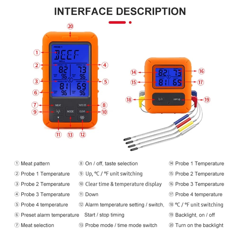Termometro digitale per carne, per barbecue, con timer, 4 sonde, allarme di temperatura, termometro da cucina (A) facile da usare