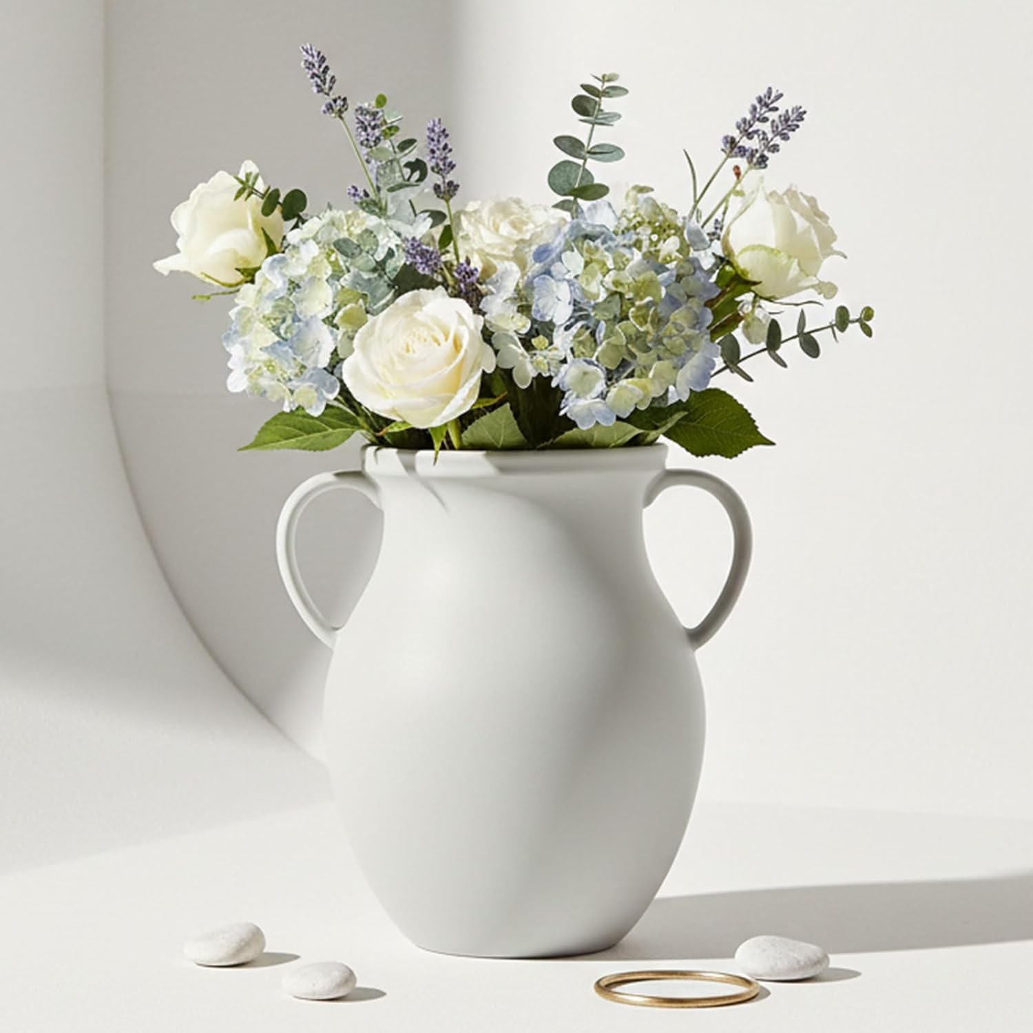 Matte White Ceramic Vase - Jug Vase with Handles - Farmhouse Nordic Style Vase for Dried Fresh Flowers Home Decor-10.24''dx10''h