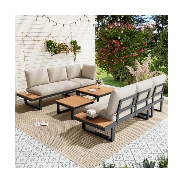 Merax Gartenmöbel Set mit Ecksofa und Tischen Beige
