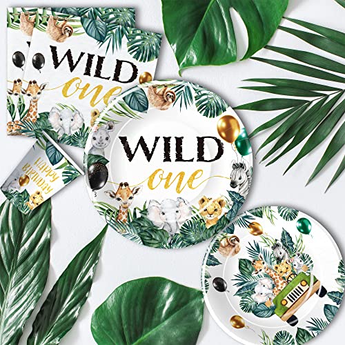 Apowbls Wild One Birthday Party Supplies - Jungle Safari 1St Birthday Decorations Dinnerware, Plate, Cup, Napkin, Animal Safari Jungle Party Decorations For First & One Year Old Birthday | Serve 24 #TOP6
