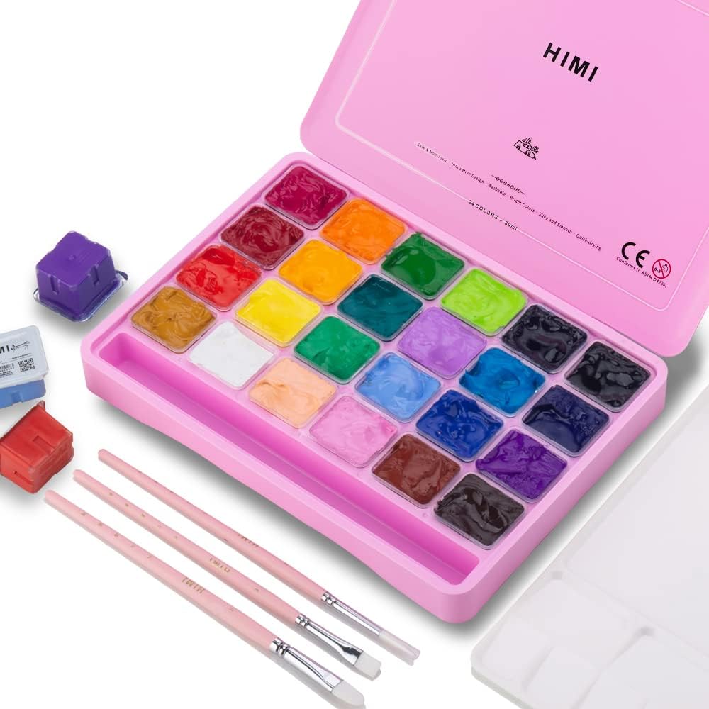 ABEIER Miya Gouache Paint Set, 24 Colors X 30Ml Unique Jelly Cup Design With 3 Paint Brushes In A Carrying Case Perfect For Artists, Students, Gouache Opaque Watercolor Painting (Pink)