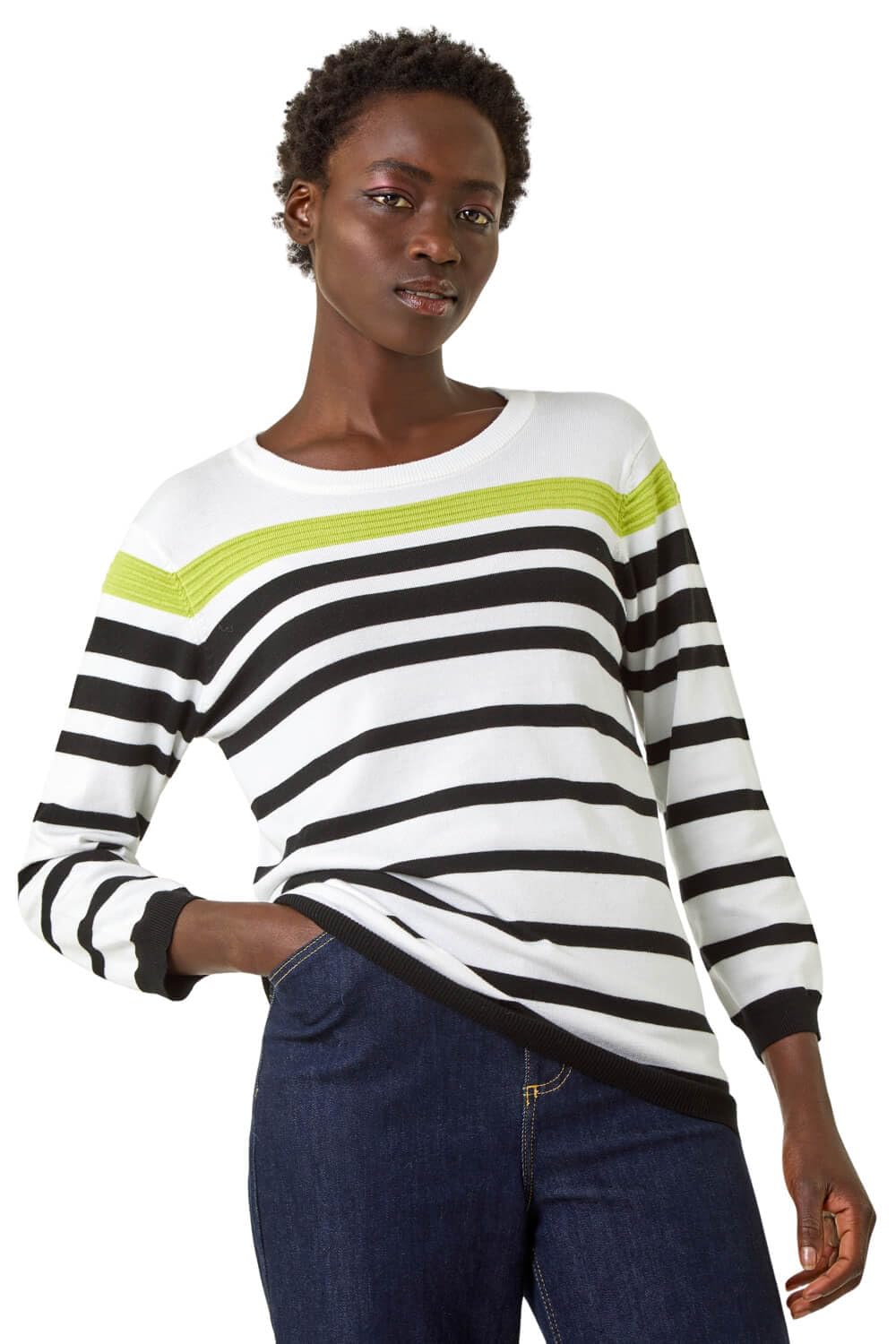 Roman Originals Women's Ivory Stripe Print Jumper - Spring Everyday Summer Holiday Crew Neckline Comfy Long Sleeve Soft Star Pull Over Hem Sweaters - Size 14