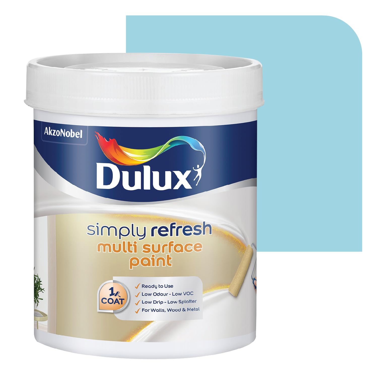 Dulux Simply Refresh SHADE OF BLUE DIY Multi Surface Paint Washable Coat, Low Drip Splatter with Soft Sheen Finish for Wall, Wood & Metal Surfaces - 1 L (Alice Blue)