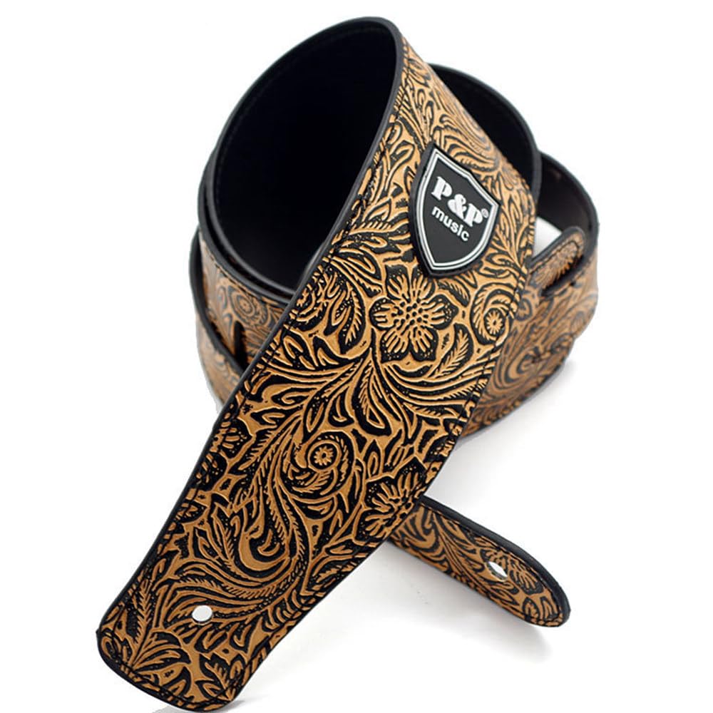 Cube-LED Polyester Guitar Strap with Reinforced Ends - Adjustable Golden Scroll Design for Electric, Acoustic & Bass Guitars​​[QJ36]