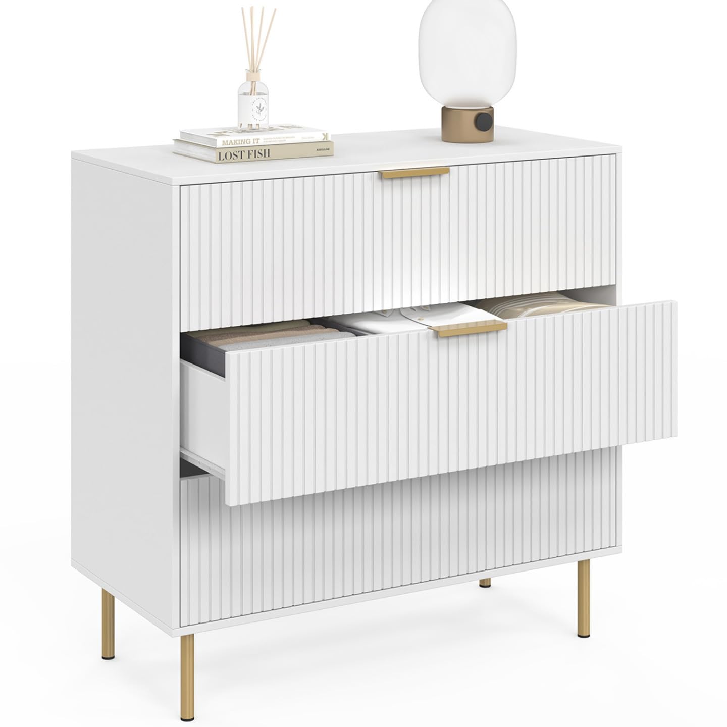 IDMarket - MARCEL Cassettone a 3 cassetti da 80 cm con doghe bianche e oro